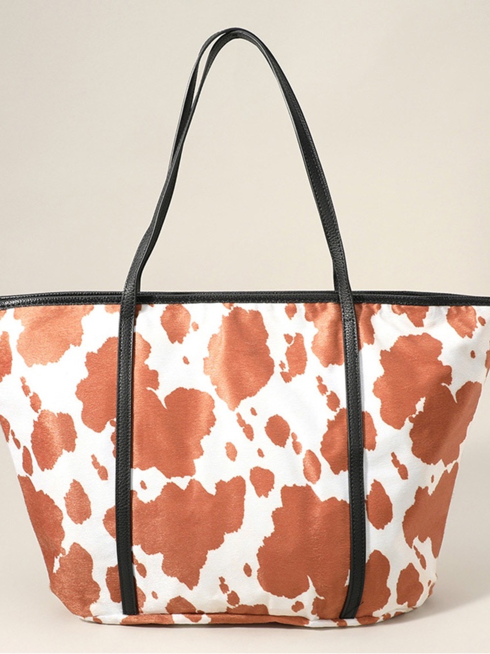 Cowhide Print Tote Bag in Rust and White - Unbranded